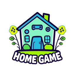 A vibrant and modern logo design for a home game, featuring a stylized house integrated with gaming elements such as a game controller or joystick