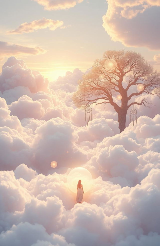 A surreal and dreamy landscape where fluffy clouds take the form of pillows, representing the weight of dreams