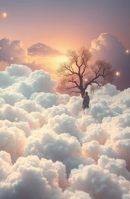 A surreal and dreamy landscape where fluffy clouds take the form of pillows, representing the weight of dreams