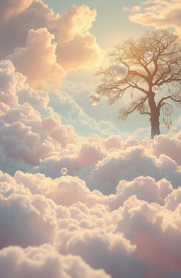 A surreal and dreamy landscape where fluffy clouds take the form of pillows, representing the weight of dreams