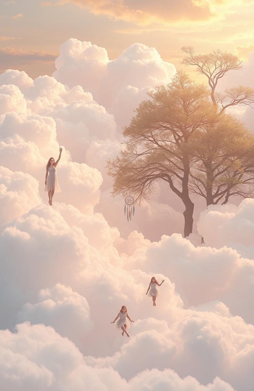 A surreal and dreamy landscape where fluffy clouds take the form of pillows, representing the weight of dreams