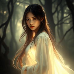 A beautiful female ghost, ethereal and graceful, illuminated by a soft, ghostly glow