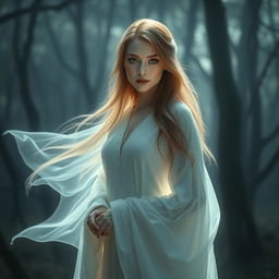 A beautiful female ghost, ethereal and graceful, illuminated by a soft, ghostly glow