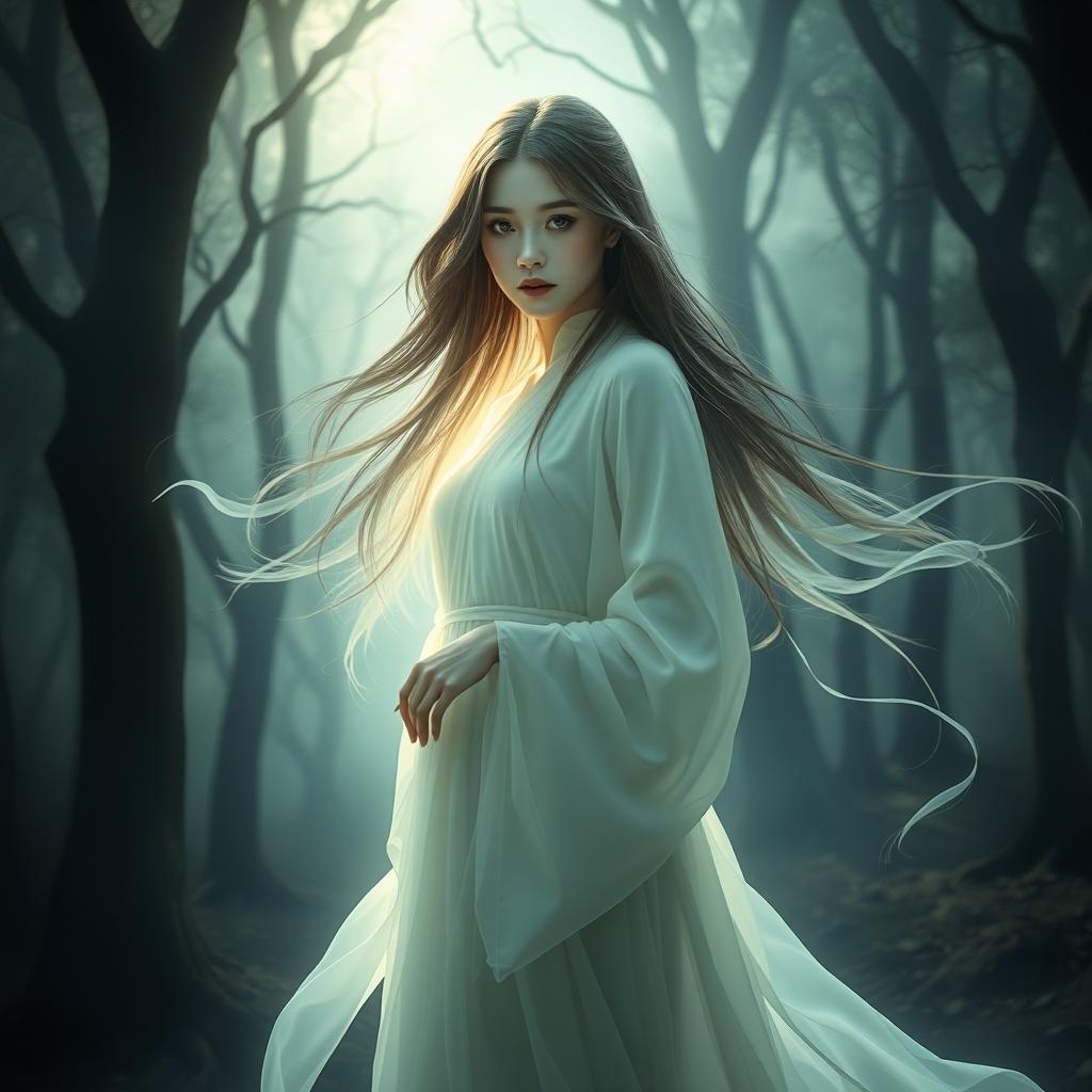 A beautiful female ghost, ethereal and graceful, illuminated by a soft, ghostly glow