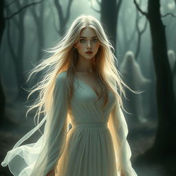 A beautiful female ghost, ethereal and graceful, illuminated by a soft, ghostly glow