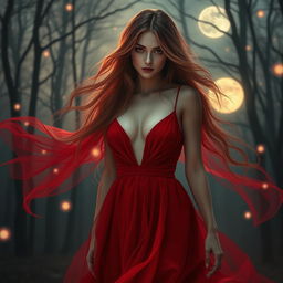 A beautiful and sexy female ghost wearing a stunning red dress