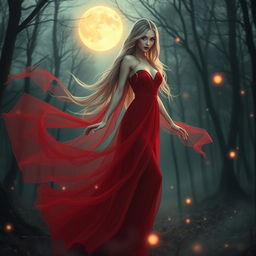 A beautiful and sexy female ghost wearing a stunning red dress