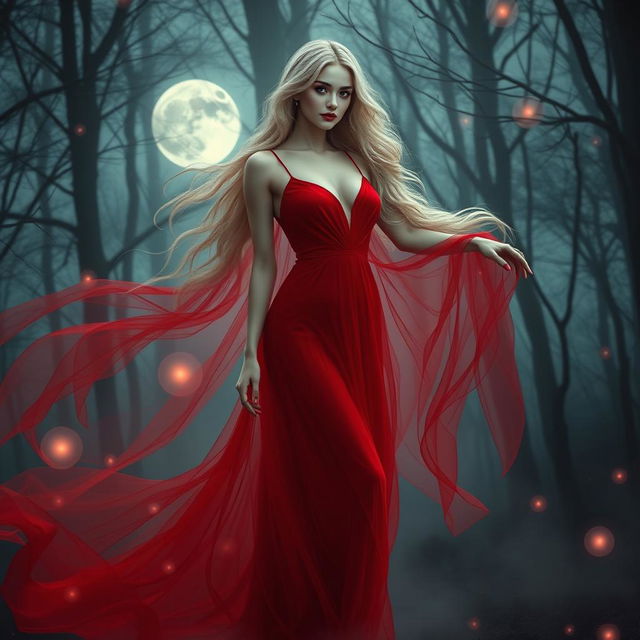 A beautiful and sexy female ghost wearing a stunning red dress