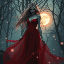 A beautiful and sexy female ghost wearing a stunning red dress