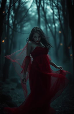 A captivating image of a mysterious and alluring female ghost in a flowing red dress