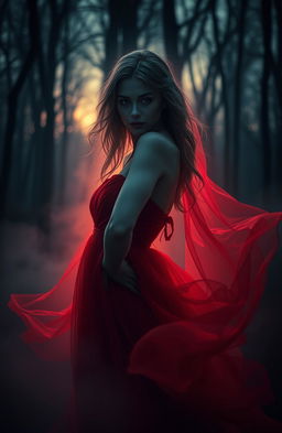 A captivating image of a mysterious and alluring female ghost in a flowing red dress