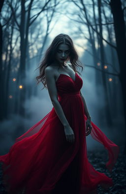 A captivating image of a mysterious and alluring female ghost in a flowing red dress