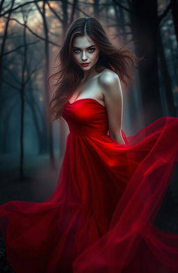 A captivating image of a mysterious and alluring female ghost in a flowing red dress