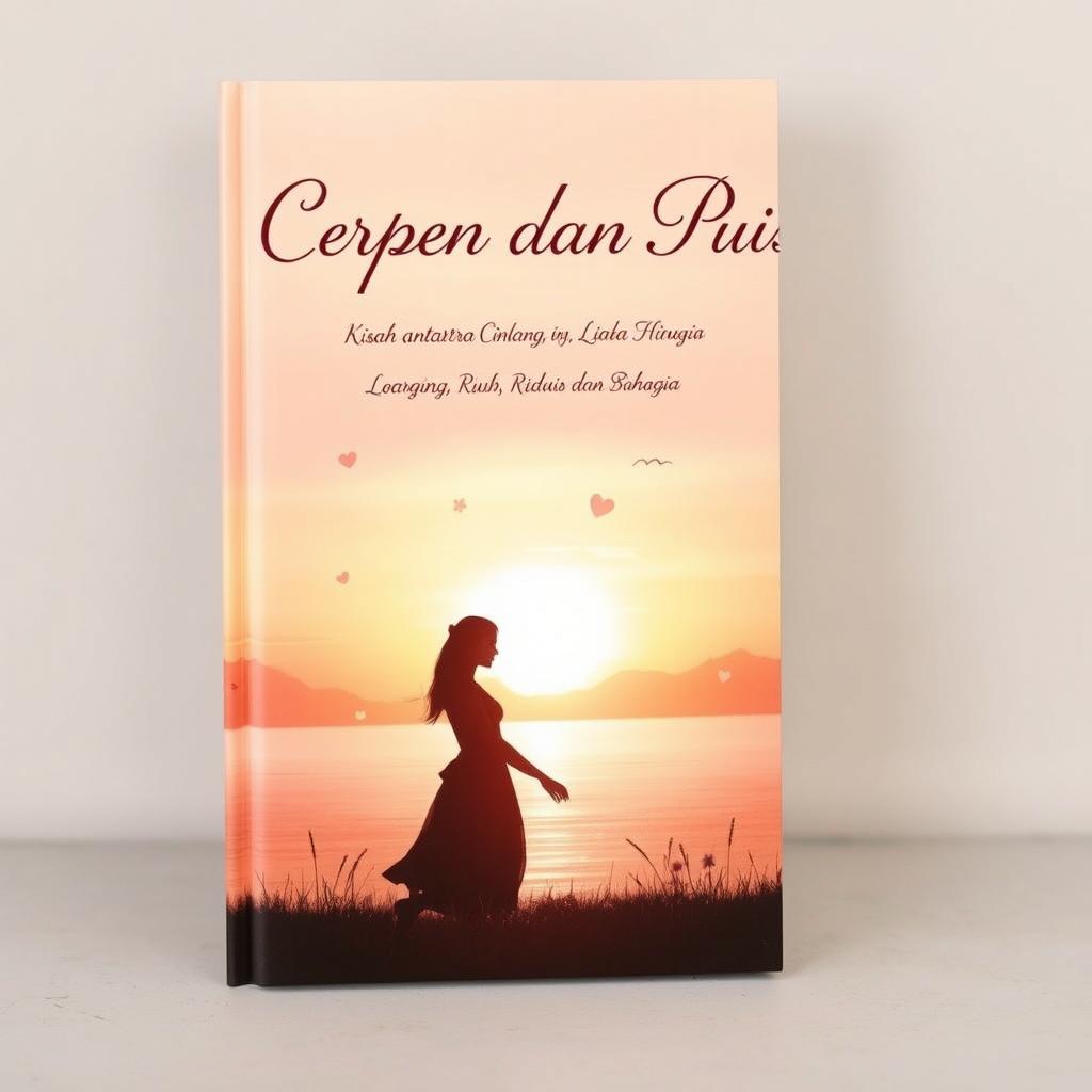 A beautiful and evocative book cover design for 'CERPEN DAN PUISI, Kisah antara Cinta, Hilang, Lara, Rindu dan Bahagia'