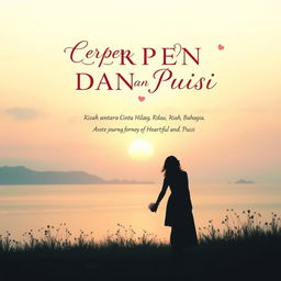 A beautiful and evocative book cover design for 'CERPEN DAN PUISI, Kisah antara Cinta, Hilang, Lara, Rindu dan Bahagia'