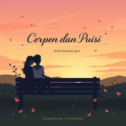 A beautifully illustrated book cover design for 'CERPEN DAN PUISI, Kisah antara Cinta, Hilang, Lara, Rindu dan Bahagia', featuring a serene sunset or morning atmosphere