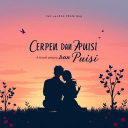 A beautifully illustrated book cover design for 'CERPEN DAN PUISI, Kisah antara Cinta, Hilang, Lara, Rindu dan Bahagia', featuring a serene sunset or morning atmosphere