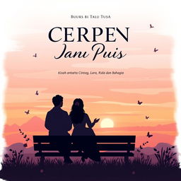 A beautifully illustrated book cover design for 'CERPEN DAN PUISI, Kisah antara Cinta, Hilang, Lara, Rindu dan Bahagia', featuring a serene sunset or morning atmosphere