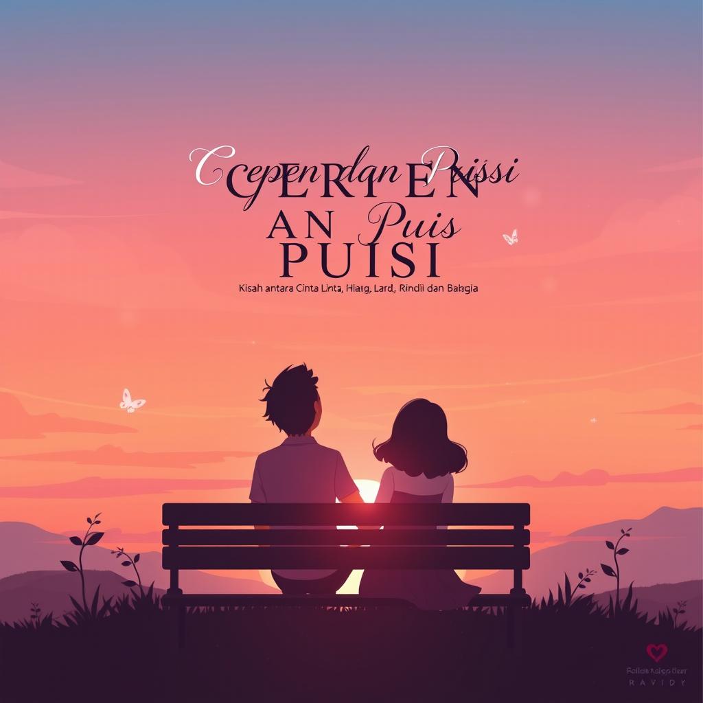 A beautifully illustrated book cover design for 'CERPEN DAN PUISI, Kisah antara Cinta, Hilang, Lara, Rindu dan Bahagia', featuring a serene sunset or morning atmosphere