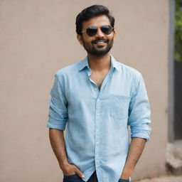 An Indian man in a loose, casual shirt and trendy sunglasses, projecting an air of relaxed confidence