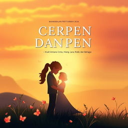 A captivating book cover design for 'CERPEN DAN PUISI, Kisah antara Cinta, Hilang, Lara, Rindu dan Bahagia', featuring a mesmerizing sunset or morning scene that embodies the themes of love, loss, longing, and happiness