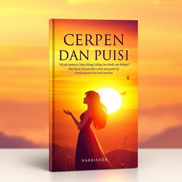 A captivating book cover design for 'CERPEN DAN PUISI, Kisah antara Cinta, Hilang, Lara, Rindu dan Bahagia', featuring a mesmerizing sunset or morning scene that embodies the themes of love, loss, longing, and happiness