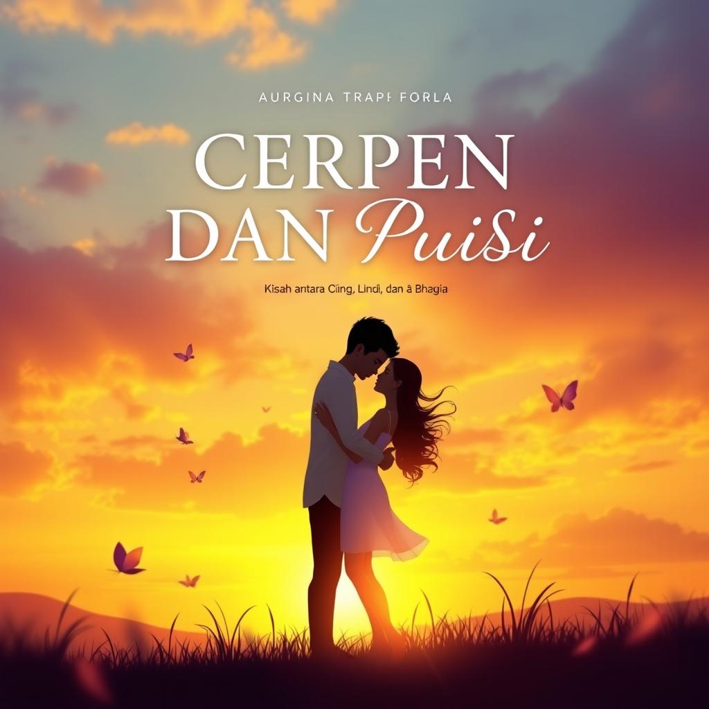 A captivating book cover design for 'CERPEN DAN PUISI, Kisah antara Cinta, Hilang, Lara, Rindu dan Bahagia', featuring a mesmerizing sunset or morning scene that embodies the themes of love, loss, longing, and happiness