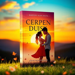 A captivating book cover design for 'CERPEN DAN PUISI, Kisah antara Cinta, Hilang, Lara, Rindu dan Bahagia', featuring a mesmerizing sunset or morning scene that embodies the themes of love, loss, longing, and happiness