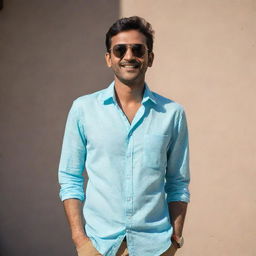 An Indian man in a loose, casual shirt and trendy sunglasses, projecting an air of relaxed confidence