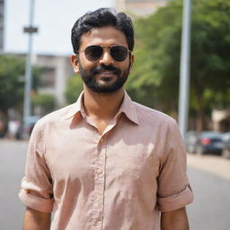 An Indian man in a loose, casual shirt and trendy sunglasses, projecting an air of relaxed confidence