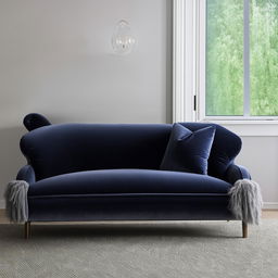 A modern living room showcasing a plush navy blue velvet sofa and a complementary grey velvet chair.