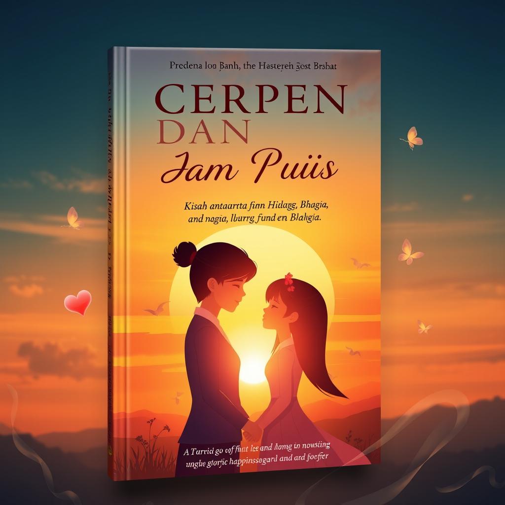 A captivating book cover design for 'CERPEN DAN PUISI, Kisah antara Cinta, Hilang, Lara, Rindu dan Bahagia', showcasing a mesmerizing sunset or morning scene that evokes strong emotions