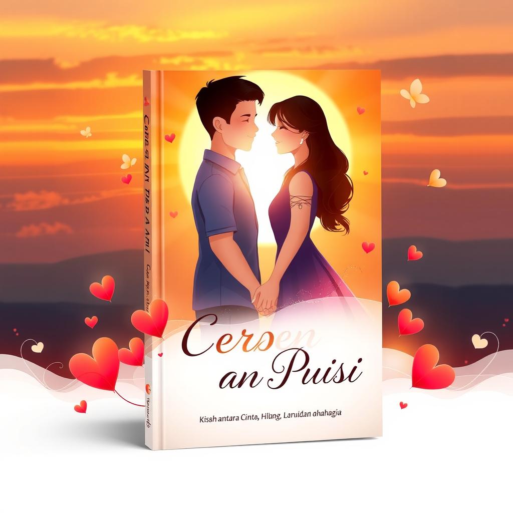 A captivating book cover design for 'CERPEN DAN PUISI, Kisah antara Cinta, Hilang, Lara, Rindu dan Bahagia', showcasing a mesmerizing sunset or morning scene that evokes strong emotions