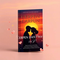 A captivating book cover design for 'CERPEN DAN PUISI, Kisah antara Cinta, Hilang, Lara, Rindu dan Bahagia', showcasing a mesmerizing sunset or morning scene that evokes strong emotions