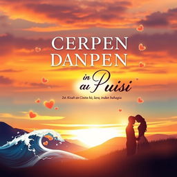 A captivating book cover design for 'CERPEN DAN PUISI, Kisah antara Cinta, Hilang, Lara, Rindu dan Bahagia', showcasing a mesmerizing sunset or morning scene that evokes strong emotions