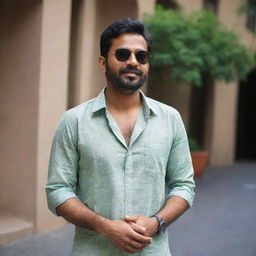 An Indian man in a loose, casual shirt and trendy sunglasses, projecting an air of relaxed confidence