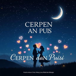 A stunning book cover design for 'CERPEN DAN PUISI, Kisah antara Cinta, Hilang, Lara, Rindu dan Bahagia', set against a captivating nighttime scene