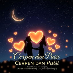 A stunning book cover design for 'CERPEN DAN PUISI, Kisah antara Cinta, Hilang, Lara, Rindu dan Bahagia', set against a captivating nighttime scene