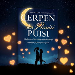 A stunning book cover design for 'CERPEN DAN PUISI, Kisah antara Cinta, Hilang, Lara, Rindu dan Bahagia', set against a captivating nighttime scene