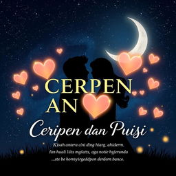 A stunning book cover design for 'CERPEN DAN PUISI, Kisah antara Cinta, Hilang, Lara, Rindu dan Bahagia', set against a captivating nighttime scene