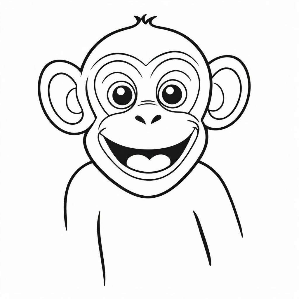 A fun, two-dimensional black and white outline of a cheerful monkey for a coloring page.