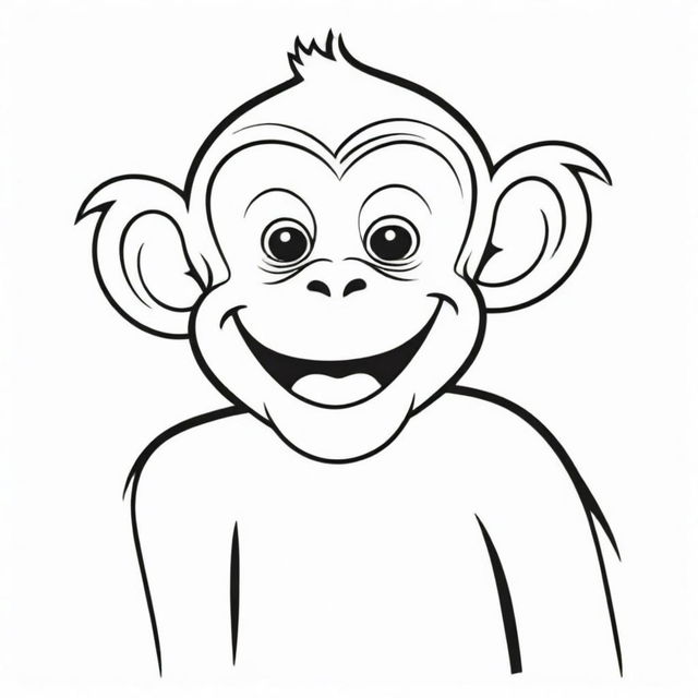 A fun, two-dimensional black and white outline of a cheerful monkey for a coloring page.