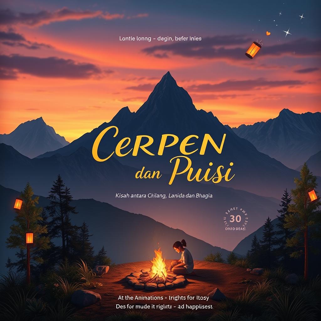 A beautifully crafted book cover design for 'CERPEN DAN PUISI, Kisah antara Cinta, Hilang, Lara, Rindu dan Bahagia', set in a captivating mountain campsite scene