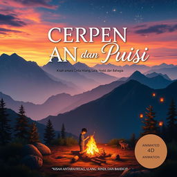 A beautifully crafted book cover design for 'CERPEN DAN PUISI, Kisah antara Cinta, Hilang, Lara, Rindu dan Bahagia', set in a captivating mountain campsite scene