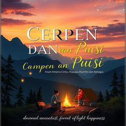 A beautifully crafted book cover design for 'CERPEN DAN PUISI, Kisah antara Cinta, Hilang, Lara, Rindu dan Bahagia', set in a captivating mountain campsite scene