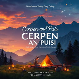 A beautifully crafted book cover design for 'CERPEN DAN PUISI, Kisah antara Cinta, Hilang, Lara, Rindu dan Bahagia', set in a captivating mountain campsite scene