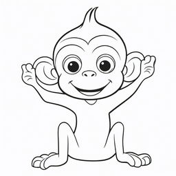 A fun, two-dimensional black and white outline of a cheerful monkey for a coloring page.