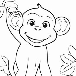 A fun, two-dimensional black and white outline of a cheerful monkey for a coloring page.