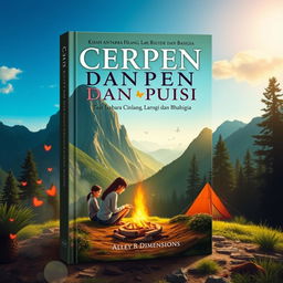 A visually striking book cover design for 'CERPEN DAN PUISI, Kisah antara Cinta, Hilang, Lara, Rindu dan Bahagia', set in a picturesque mountain camping scene