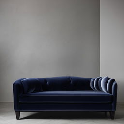 A modern living room showcasing a plush navy blue velvet sofa and a complementary grey velvet chair.